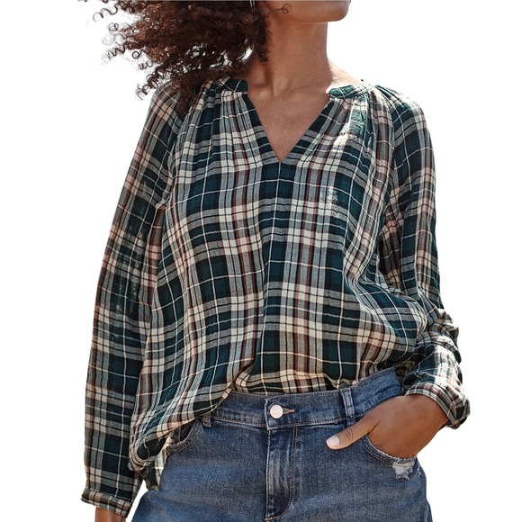 Garnet Hill Teal Gauze Organic-Cotton Plaid Popover Blouse Women Medium NWT - Picture 2 of 11